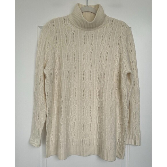 Garnet Hill Cashmere Merino Sweater M Turtleneck Cable Knit Ivory Tunic Oversize - Picture 2 of 14